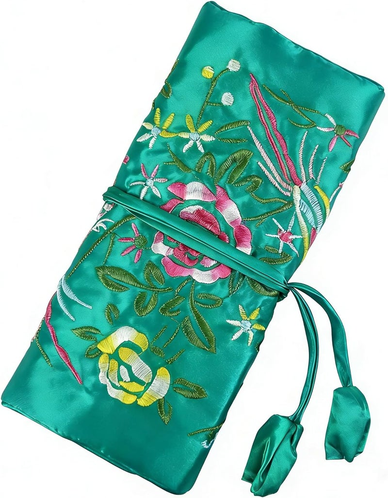 WEI LONG Jewelry Roll, Travel Jewelry Roll Bag,Silk Embroidery Brocade Jewelry Organizer Case with Tie Close (Blossom, Green) - Image 1